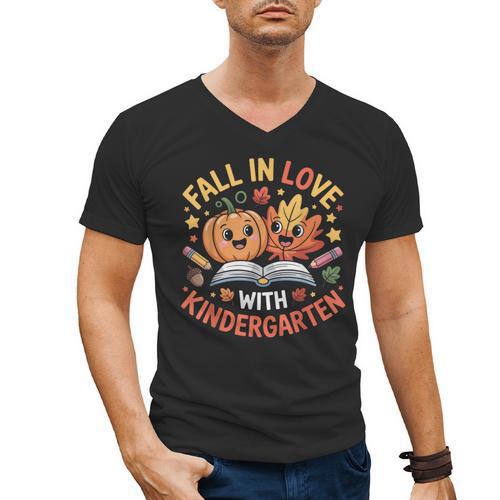 Fall In Love With Kindergarten Autumn Kindergarten Teacher Men's V-Neck T-Shirt - teacherstshirts.com UK