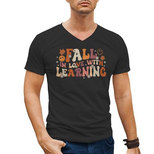 Fall In Love With Learning Autum Thanksgiving Teacher Kids Men's V-Neck T-Shirt - teacherstshirts.com DE