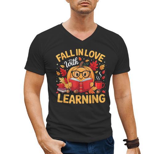 Fall In Love With Learning Pumpkin Thanksgiving Teacher Fall Men's V-Neck T-Shirt - teacherstshirts.com AU