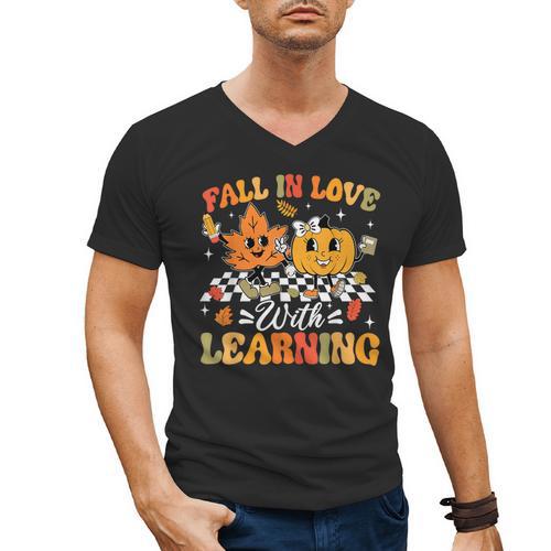 Fall In Love With Learning Fall Teacher Thanksgiving Retro Men's V-Neck T-Shirt - teacherstshirts.com AU
