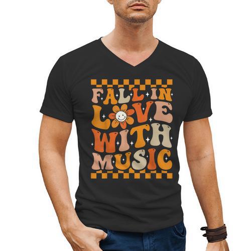 Fall In Love With Music Groovy Thanksgiving Music Teacher Men Women Girls Kids Men's V-Neck T-Shirt - teacherstshirts.com AU