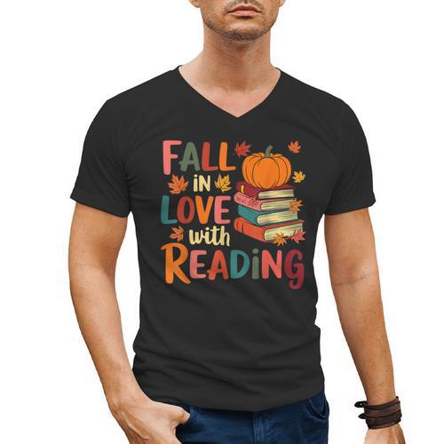 Fall In Love With Reading Autumn Thanksgiving Shirt Teacher Men's V-Neck T-Shirt - teacherstshirts.com