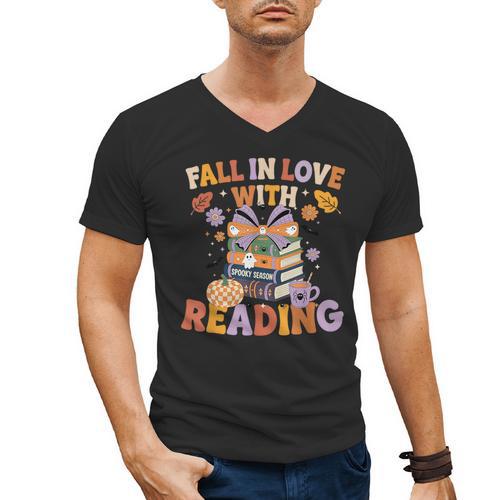 Fall In Love With Reading Halloween Stack Of Book Teacher Men's V-Neck T-Shirt - teacherstshirts.com