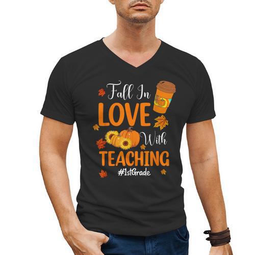 Fall In Love With Teaching 1st Grade Teacher Thanksgiving For Men Women Girls Kids Men's V-Neck T-Shirt - teacherstshirts.com AU