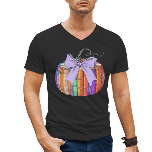 Fall Pumpkin Books Lover Halloween Teacher Teaching Staff Men's V-Neck T-Shirt - teacherstshirts.com