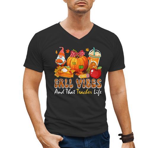 Fall Vibes Costume Teacher Thanksgiving Leopard Gnome Men's V-Neck T-Shirt - teacherstshirts.com
