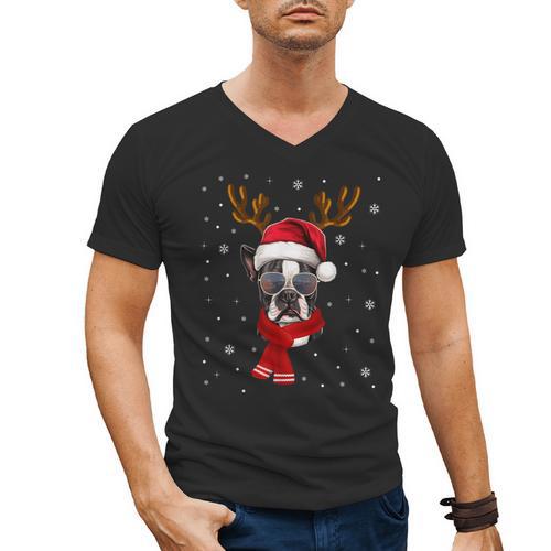 Family Matching Reindeer Xmas Boston Terrier Christmas Men's V-Neck T-Shirt - Bostonterriersmerch.com