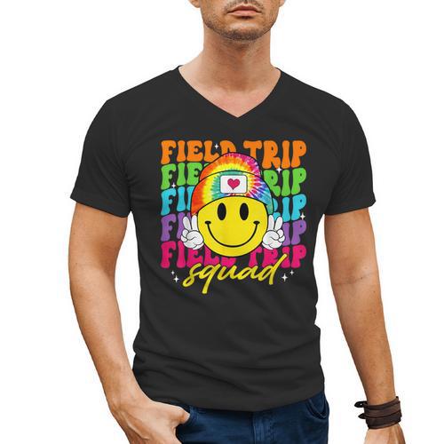 Field Trip Squad Groovy Field Day Smile Face Teacher Tie Dye Men's V-Neck T-Shirt - teacherstshirts.com UK