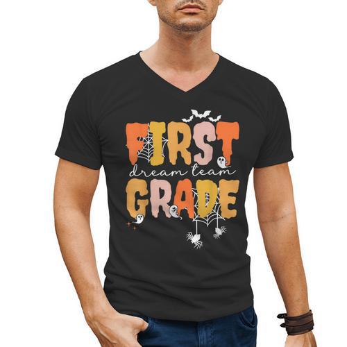 First Grade Dream Retro Team Fall Halloween Spooky Teachers Men's V-Neck T-Shirt - teacherstshirts.com CA