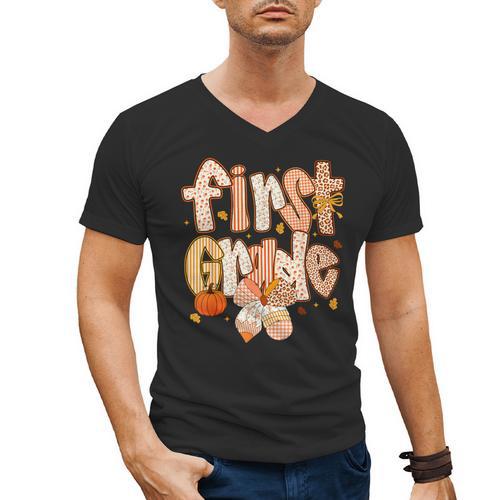 First Grade Fall Floral Coquette Bow Teachers Students Men's V-Neck T-Shirt - teacherstshirts.com DE