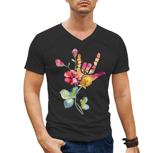 Flower American Sign Language ASL Teacher Teaching Deaf Men's V-Neck T-Shirt - teacherstshirts.com UK