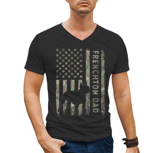 Frenchton Dad French Bulldog Boston Terrier Camo USA Flag Men's V-Neck T-Shirt - Bostonterriersmerch.com