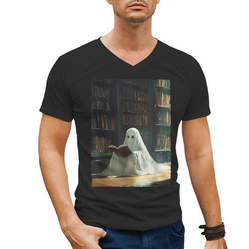 Ghost Library Halloween Book Reading Books Lover Teacher Men's V-Neck T-Shirt - teacherstshirts.com UK