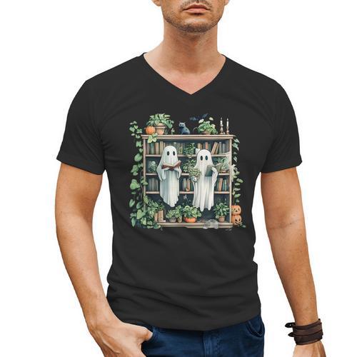 Ghost Plant Library Halloween Reading Books Teacher Vintage Men's V-Neck T-Shirt - teacherstshirts.com UK