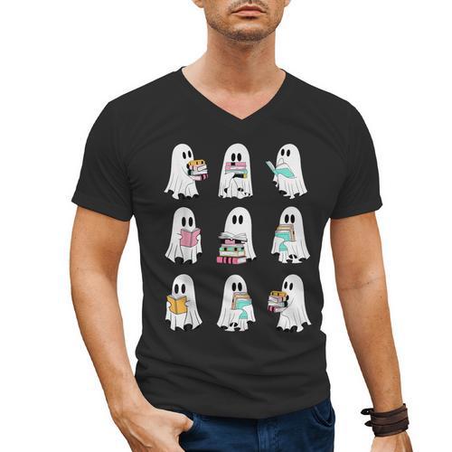 Ghost Reading Books Spooky Librarian Teacher Women Men's V-Neck T-Shirt - teacherstshirts.com