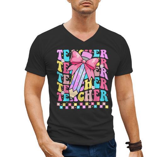 Groovy Teacher Cute Coquette Bow Flower Retro Back To School Men's V-Neck T-Shirt - teacherstshirts.com