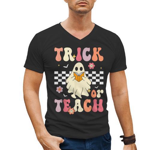 Groovy Teacher Halloween Retro Trick Or Teach Floral Ghost Men's V-Neck T-Shirt - teacherstshirts.com