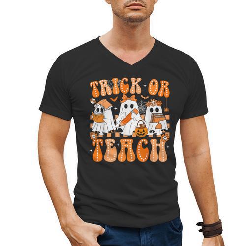 Groovy Teacher Halloween Trick Or Teach Ghost Men Women Kids Men's V-Neck T-Shirt - teacherstshirts.com UK