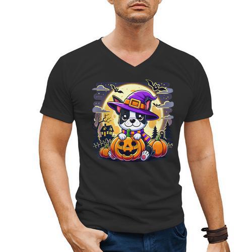 Halloween Boston Terrier Dog Breed With Jack O' Lantern Art Men's V-Neck T-Shirt - Bostonterriersmerch.com