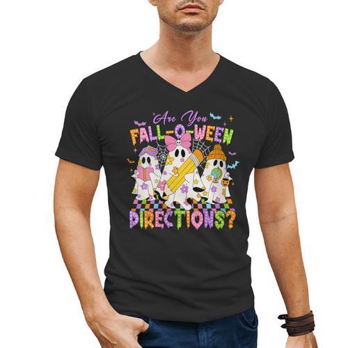 Halloween Floral Ghost Teacher Are You Falloween Directions Men's V-Neck T-Shirt - teacherstshirts.com AU