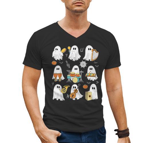 Halloween Ghost Music Teacher Playing Instruments Men's V-Neck T-Shirt - teacherstshirts.com CA