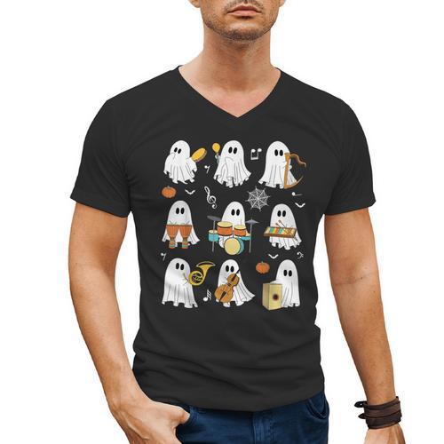 Halloween Ghost Playing Musical Instruments Music Teacher Men's V-Neck T-Shirt - teacherstshirts.com UK