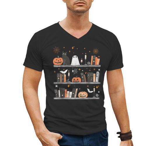 Halloween Library Ghost Books Teacher Spooky Trick Or Teach Men's V-Neck T-Shirt - teacherstshirts.com UK