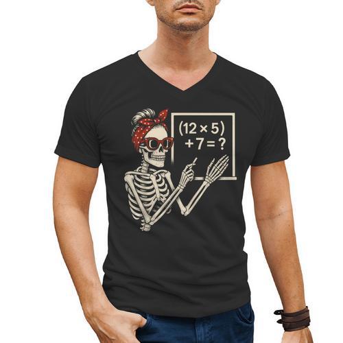 Halloween Math Teacher Skeleton Six Seven Meme Brainrot Men's V-Neck T-Shirt - teacherstshirts.com