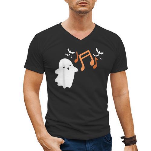 Halloween Music Note Ghost Teacher Fall Musical Instrument Men's V-Neck T-Shirt - teacherstshirts.com