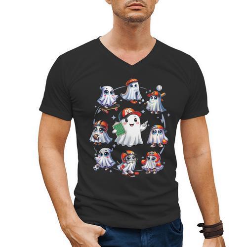 Halloween PE Teacher Ghost Playing Sports Physical Education Men's V-Neck T-Shirt - teacherstshirts.com CA