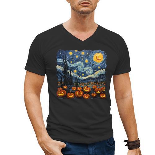 Halloween Pumpkin Starry Night Van Gogh Art Teacher Men's V-Neck T-Shirt - teacherstshirts.com CA