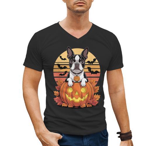 Halloween Retro Boston Terrier Men's V-Neck T-Shirt - Bostonterriersmerch.com AU