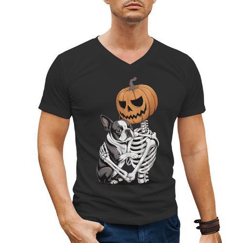 Halloween Skeleton Boston Terrier Men's V-Neck T-Shirt - Bostonterriersmerch.com