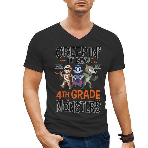 Halloween Teacher Creepin It Real With My 4th Grade Monsters Men's V-Neck T-Shirt - teacherstshirts.com UK
