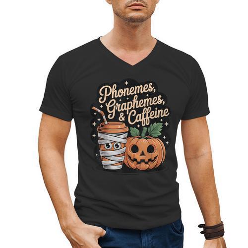 Halloween Teacher Phonemes Graphemes Caffeine Coffee Lover Men's V-Neck T-Shirt - teacherstshirts.com AU
