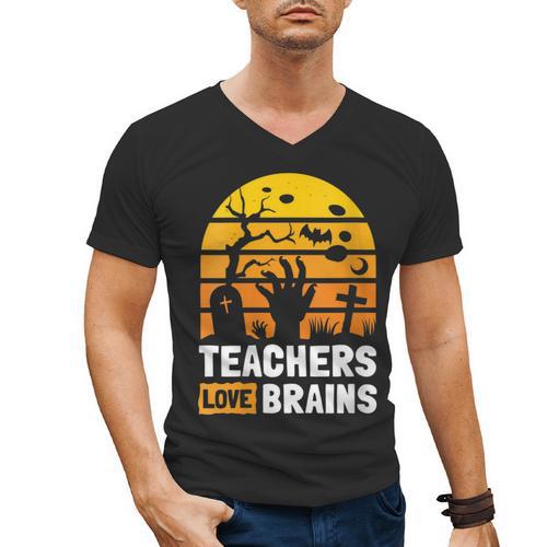 Halloween Teachers Science Math Teachers Love Brains Men's V-Neck T-Shirt - teacherstshirts.com CA