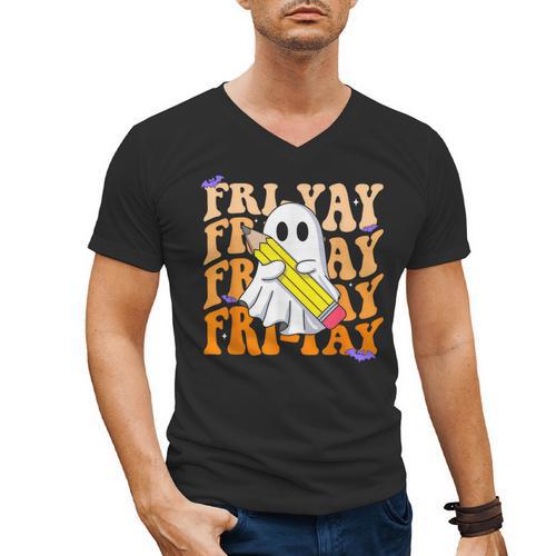 Happy Fri-Yay Friday Lovers Groovy Teacher Life Halloween Men's V-Neck T-Shirt - teacherstshirts.com CA
