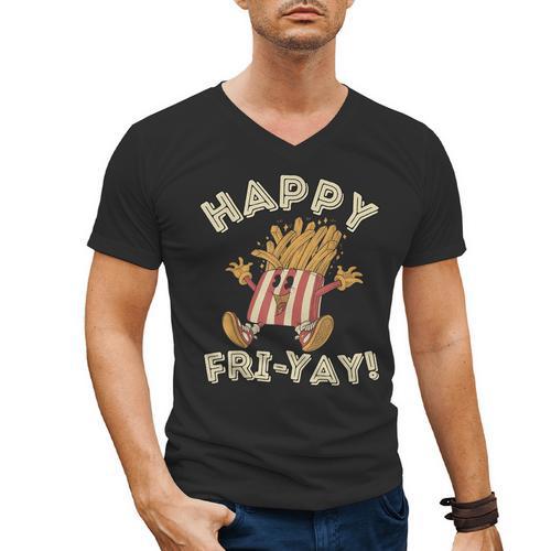 Happy Fri Yay Retro French Fries Friday Lovers Fun Teacher Men's V-Neck T-Shirt - teacherstshirts.com CA