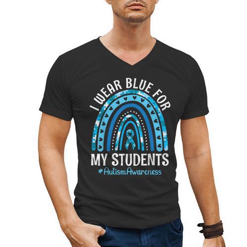 Happy Teacher I Wear Blue For My Students Autism Awareness Men's V-Neck T-Shirt - teacherstshirts.com