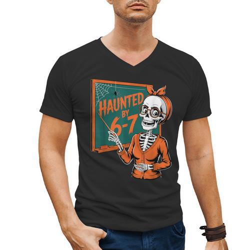 Haunted By 6-7 Six Seven 67 Math Teacher Halloween Skeleton Men's V-Neck T-Shirt - teacherstshirts.com CA