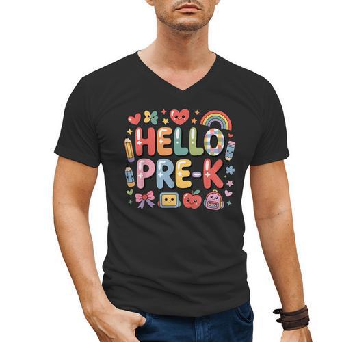 Hello Pre-K Back To School Teacher Student Fun Graphic Tee Men's V-Neck T-Shirt - teacherstshirts.com