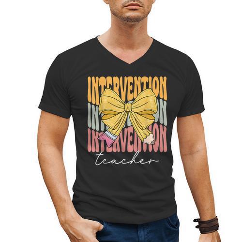 Interventionist Teacher Groovy Coquette Bow Back To School Men's V-Neck T-Shirt - teacherstshirts.com CA