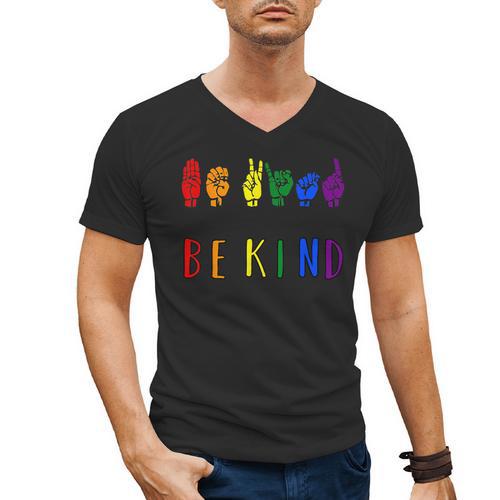 Be Kind Pride Sign Language Rainbow Teachers Interpreter ASL Men's V-Neck T-Shirt - teacherstshirts.com UK