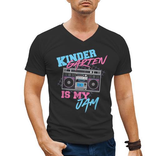 Kindergarten Is My Jam Vintage 80s Boombox Teacher Student Men's V-Neck T-Shirt - teacherstshirts.com CA