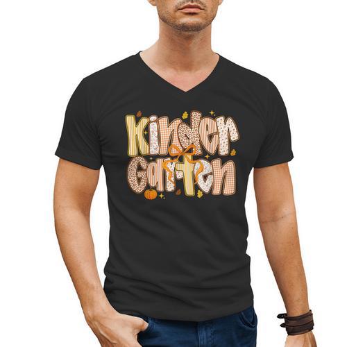 Kindergarten Teacher Fall Pumpkin Autumn Cute Men's V-Neck T-Shirt - teacherstshirts.com CA