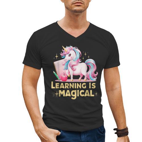 LEARNING IS MAGICAL TEACHER UNICORN BACK TO SCHOOL UNICORN Men's V-Neck T-Shirt - teacherstshirts.com AU