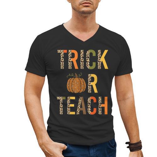Leopard Trick Or Teach Halloween Teacher Costume Women Men's V-Neck T-Shirt - teacherstshirts.com CA