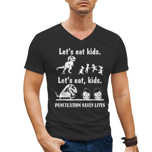 Let's Eat Kids Fun Dinosaurs Grammar Teacher Men's V-Neck T-Shirt - teacherstshirts.com CA