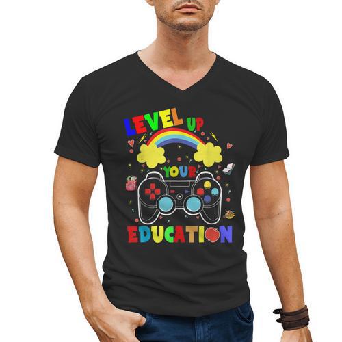 Level Up Your Education Gaming Inspired Teacher Gamers For Men Women Kids Men's V-Neck T-Shirt - teacherstshirts.com AU
