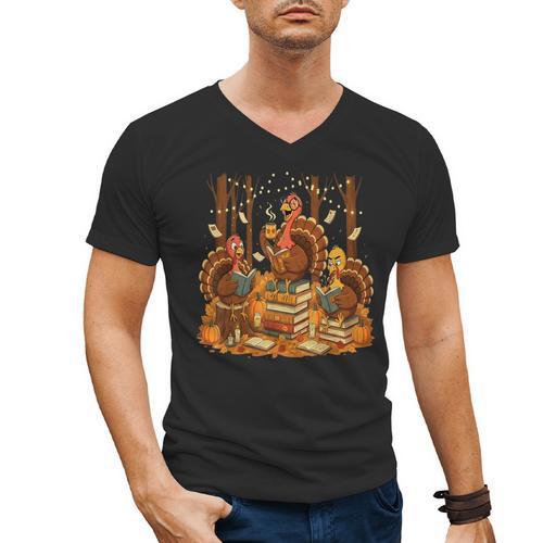 Librarian Turkey Reading Book Fall Thanksgiving Teacher Men's V-Neck T-Shirt - teacherstshirts.com UK